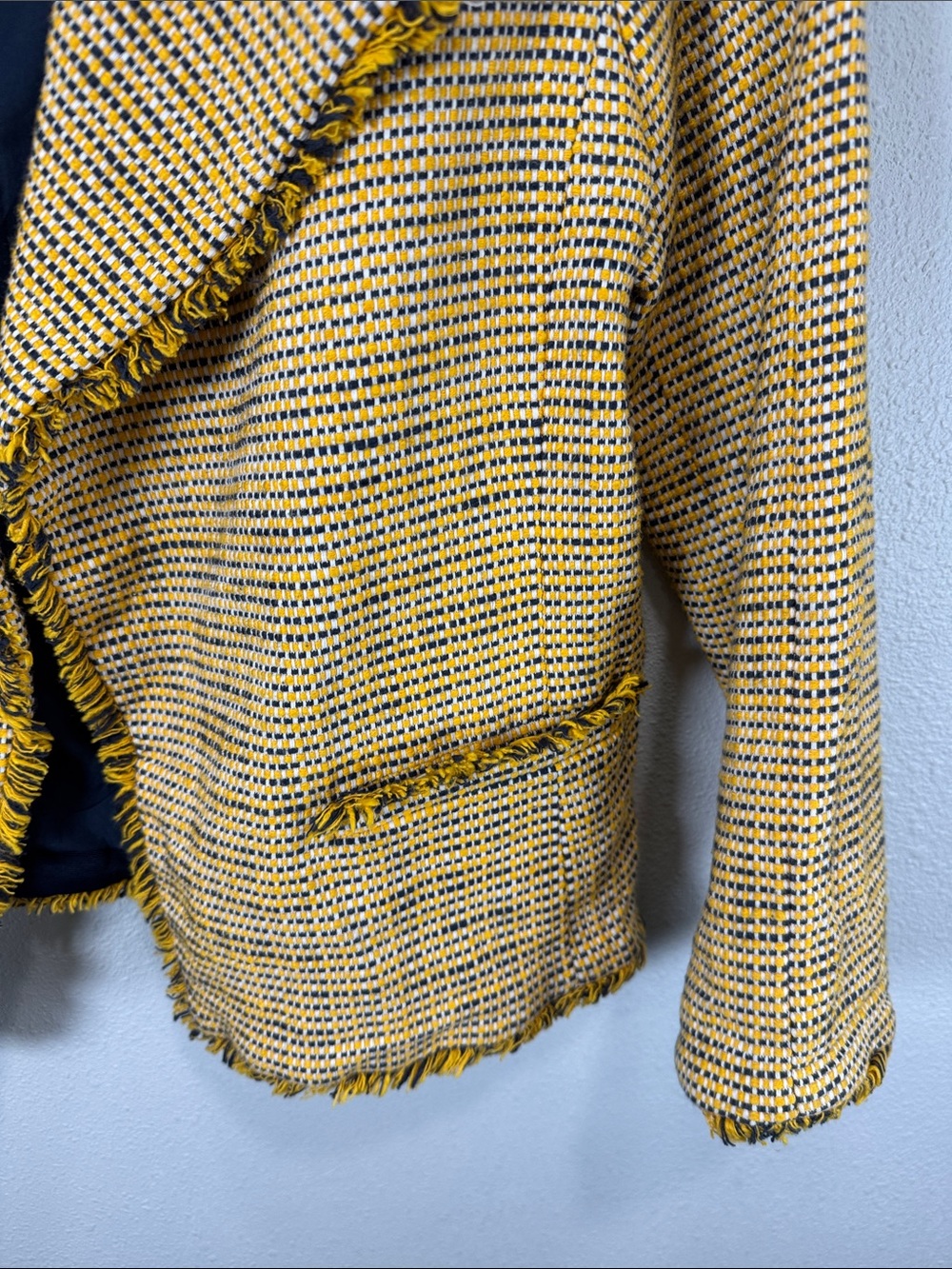 Ann Taylor Yellow and Black Tweed Fringe Open-Front Blazer - Picture 4 of 8